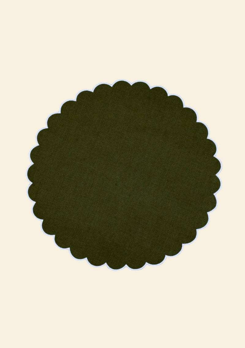 Les sets de table ronds festonnés en lin Vert forêt & Blanc (lot de 2)